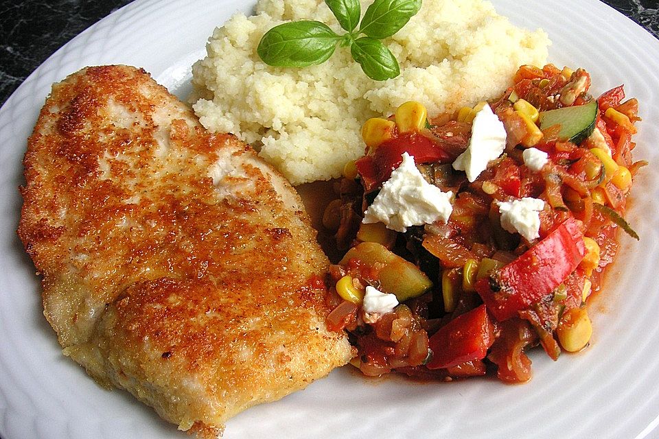 Puten - Parmesan - Schnitzel mit Feta - Gemüsepfanne