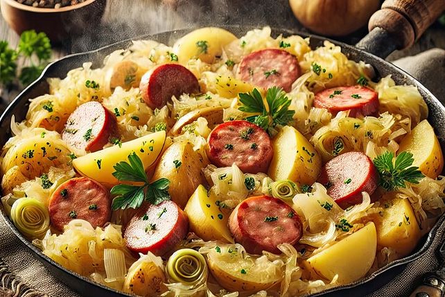 Sauerkraut-Kartoffel-Pfanne mit veganer Bratwurst von Warstyle| Chefkoch Sauerkraut-Kartoffel-Pfanne mit veganer Bratwurst von Warstyle| Chefkoch