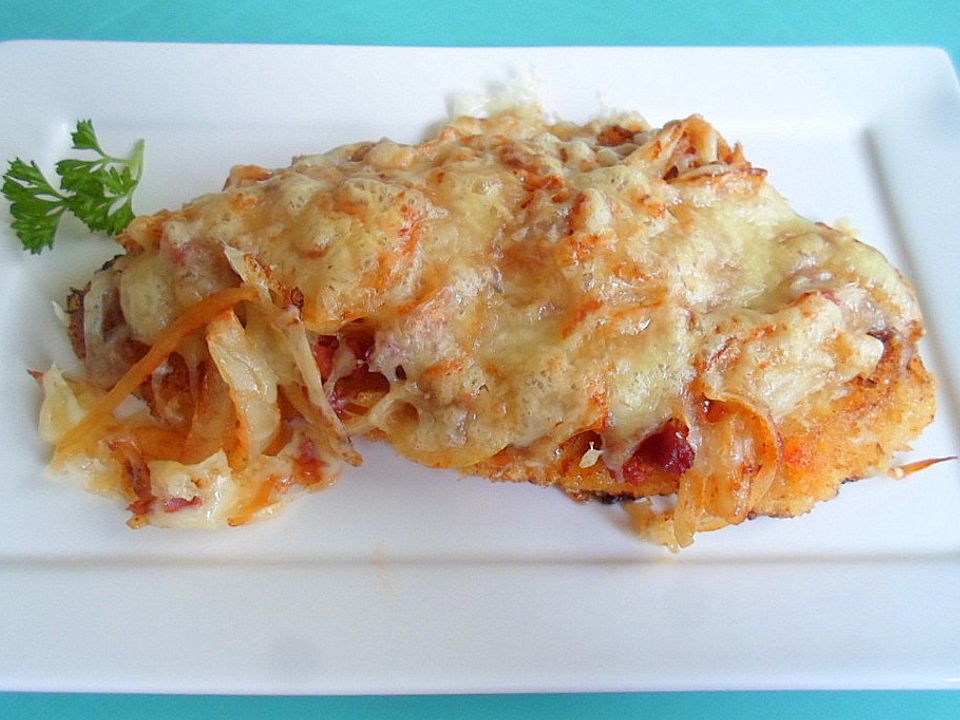 SABO&amp;#39;s - Schnitzel mit Zwiebeln und Käse überbacken. von S.B. 5| Chefkoch