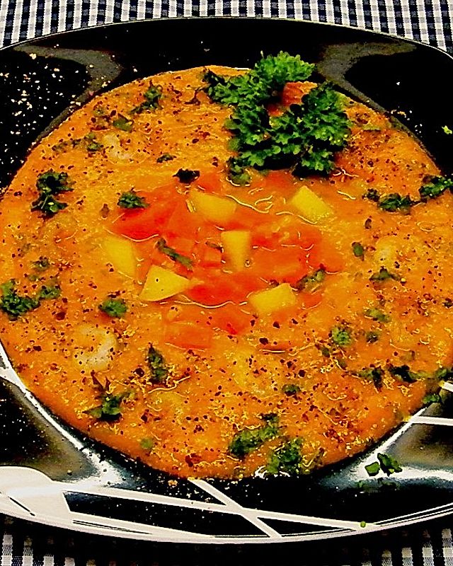 Curry - Karottencremesuppe mit Shrimps