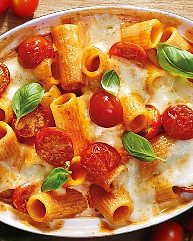 Cremiger Nudelauflauf mit würziger Tomatensauce