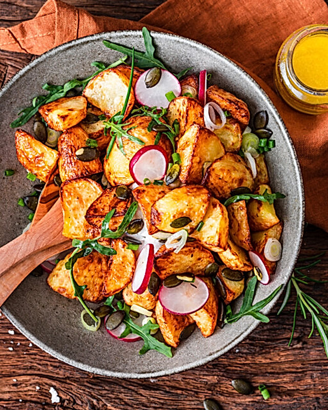 Röstkartoffelsalat mit Knoblauch-Senf-Vinaigrette