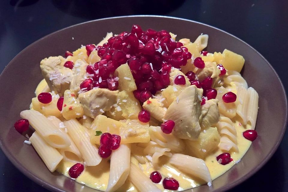 Currypasta mit Pute oder Huhn und Granatapfel