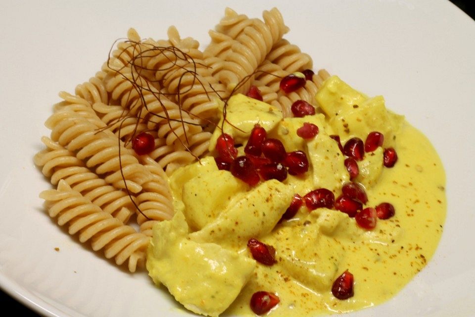 Currypasta mit Pute oder Huhn und Granatapfel