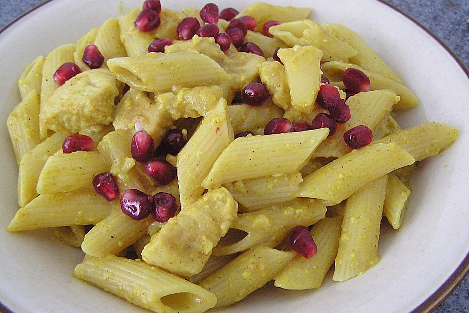 Currypasta mit Pute oder Huhn und Granatapfel