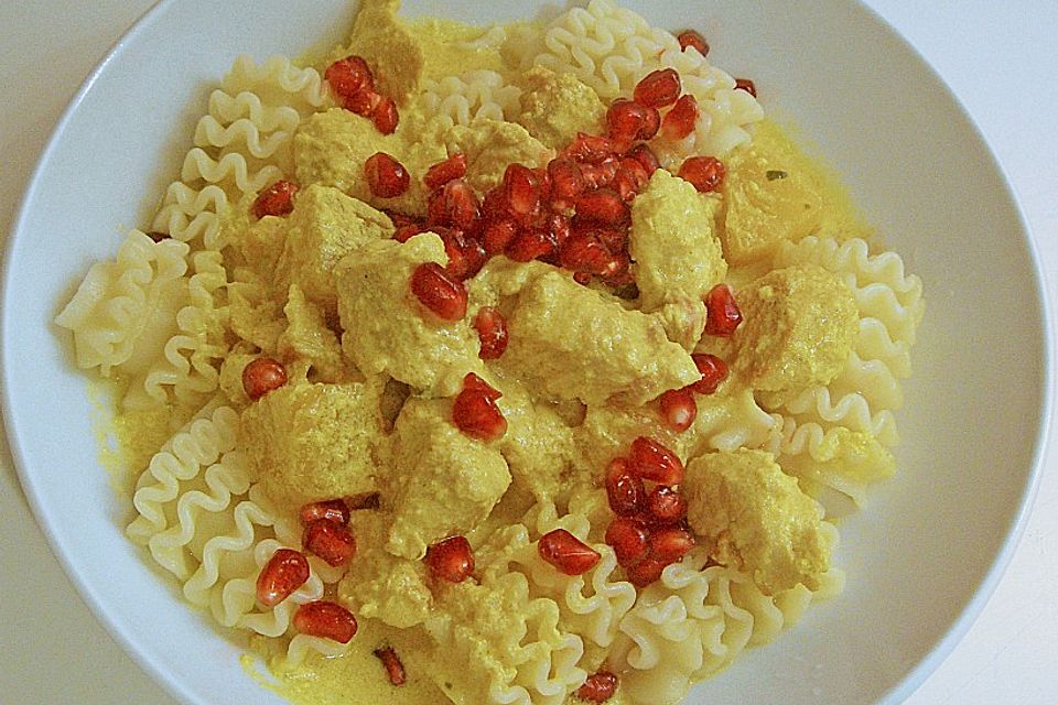 Currypasta mit Pute oder Huhn und Granatapfel