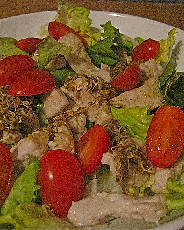 Salat mit Alfalfasprossen und Putenbrust
