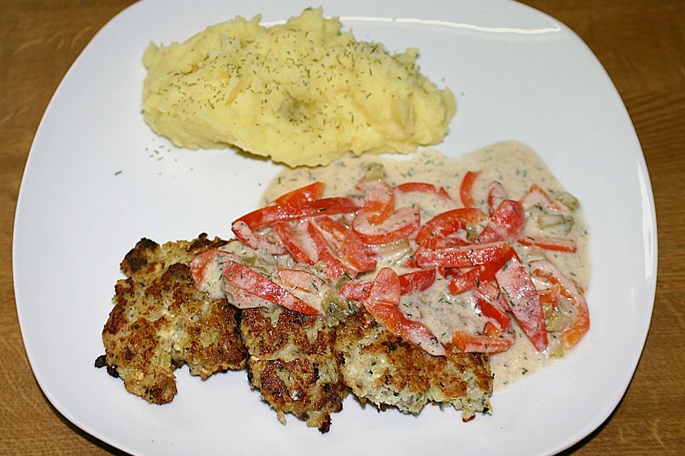 Adrias Fischfrikadellen in Paprika - Gurken - Soße