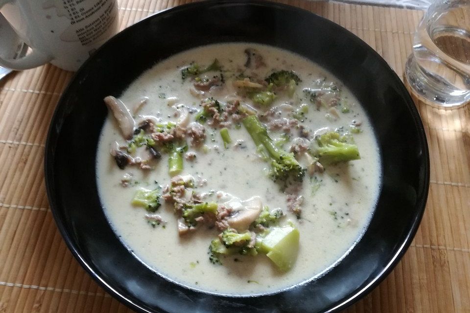 Brokkoli - Käsesuppe mit Hackfleisch und Pilzen