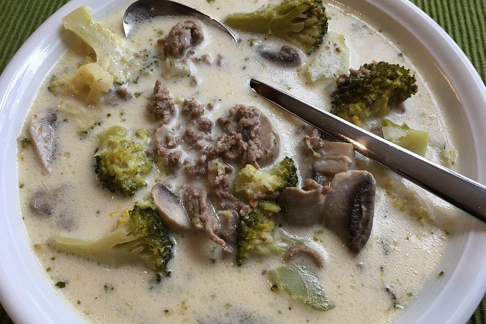 Brokkoli - Käsesuppe mit Hackfleisch und Pilzen