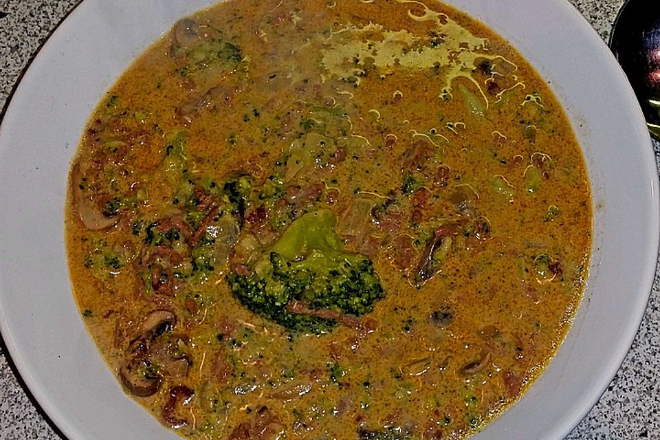 Brokkoli - Käsesuppe mit Hackfleisch und Pilzen