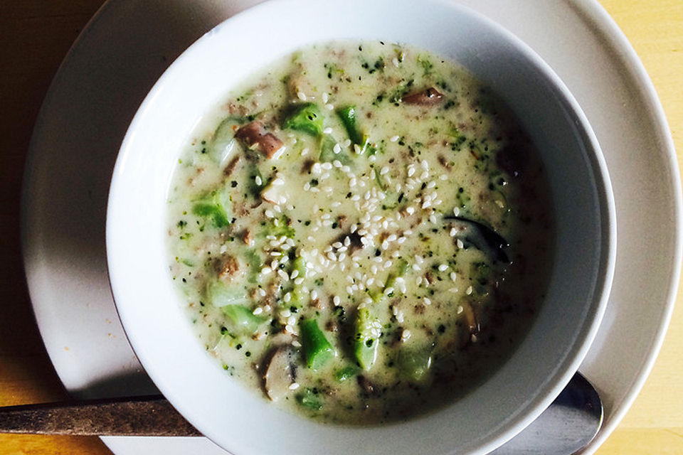 Brokkoli - Käsesuppe mit Hackfleisch und Pilzen