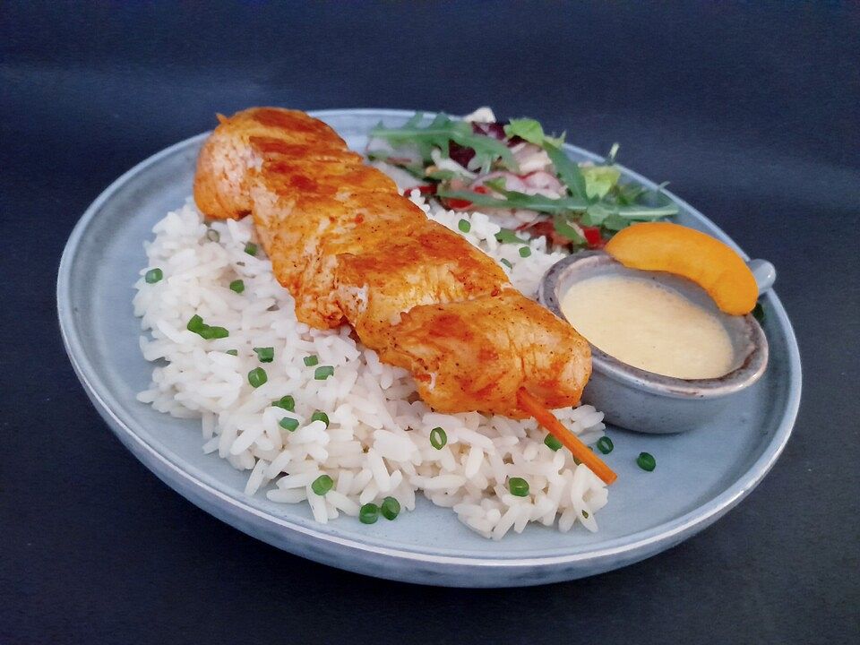 Hähnchenspieß mit Aprikosen - Curry - Dip von hemet-nisut-weret| Chefkoch