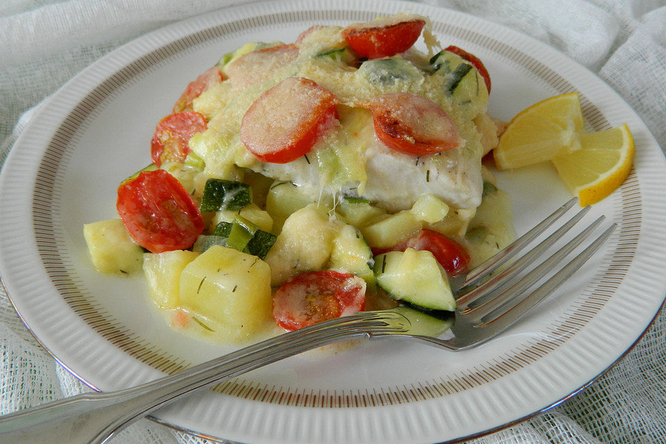 Seelachsauflauf mit Tomaten und Zucchini