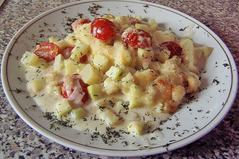 Seelachsauflauf mit Tomaten und Zucchini