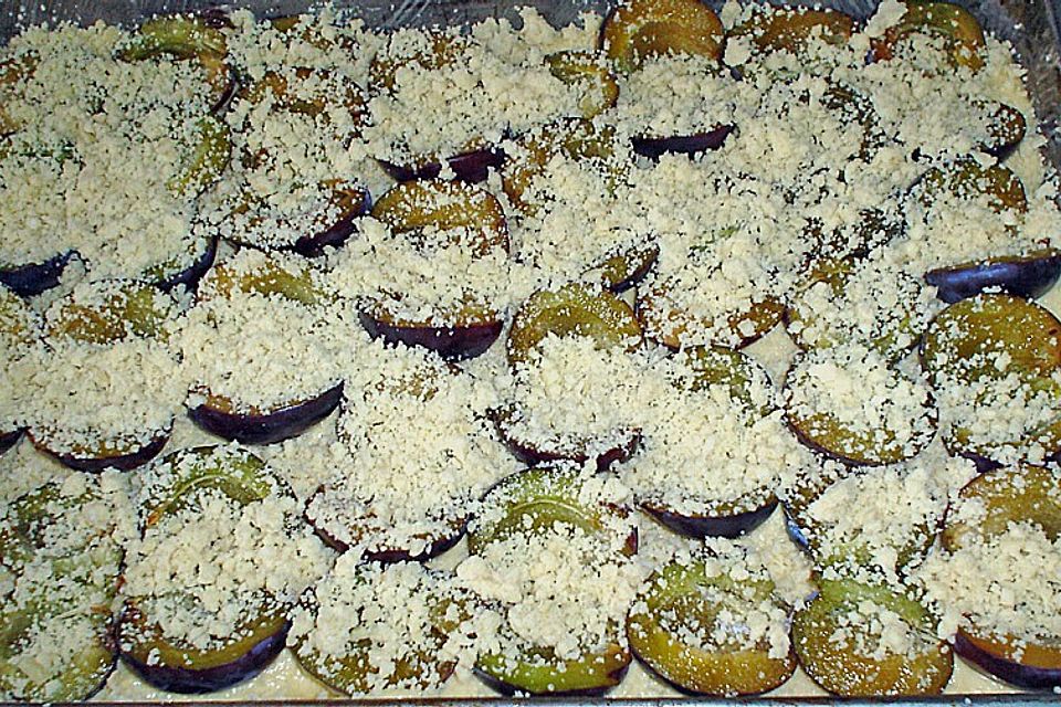 Pflaumenkuchen mit Streuseln auf dem Blech