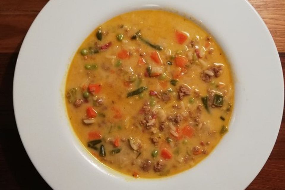 Schnelle Gemüsesuppe mit Reis und Hackfleisch