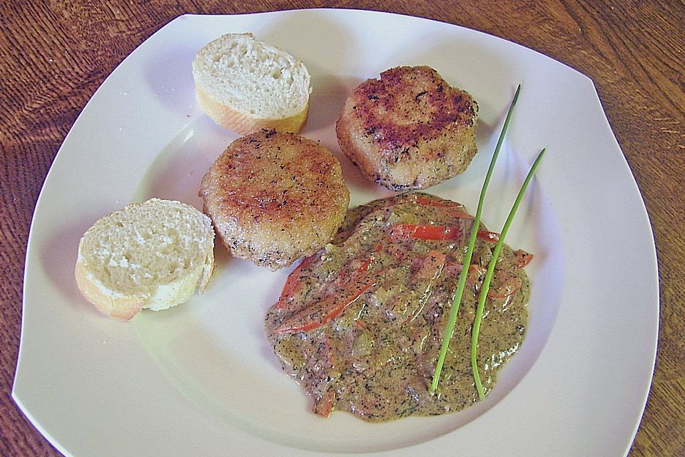 Saftige Fischfrikadellen in Paprika - Gurken - Soße