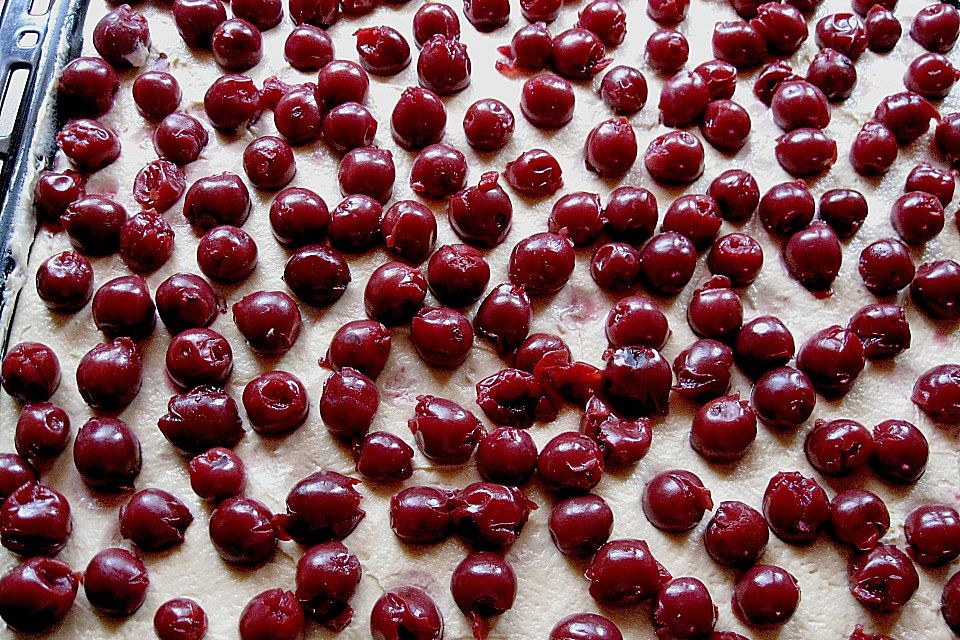 Blechkuchen mit Kirschen und Streuseln