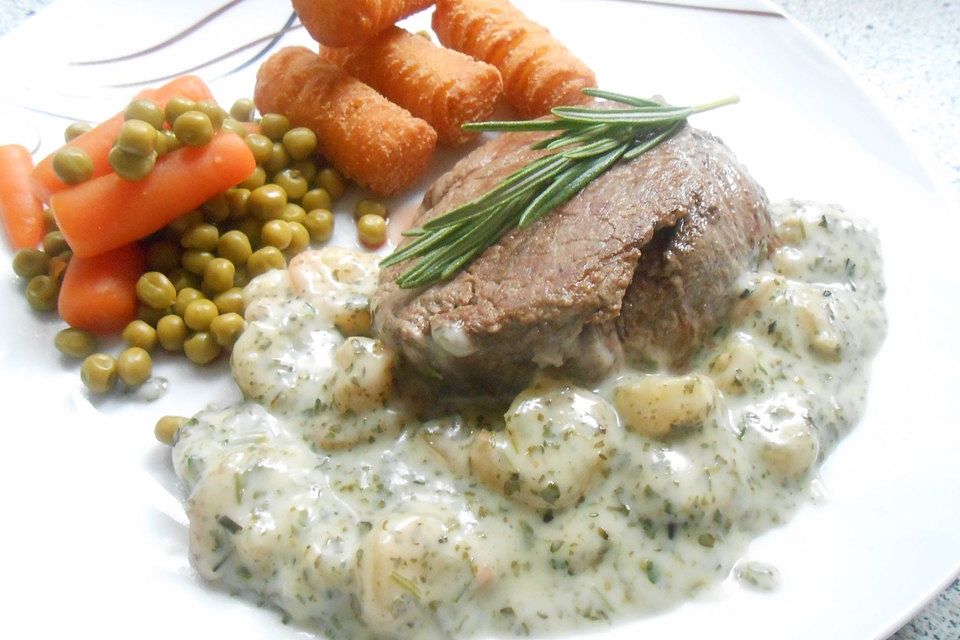 Steak mit Garnelensauce