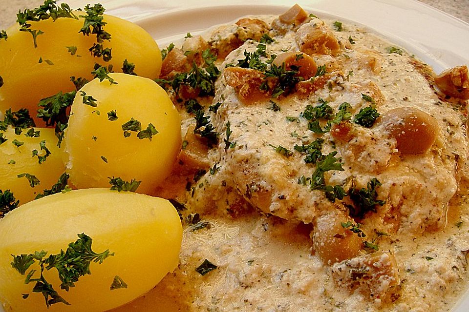 Putenschnitzel in Kräuterrahm überbacken