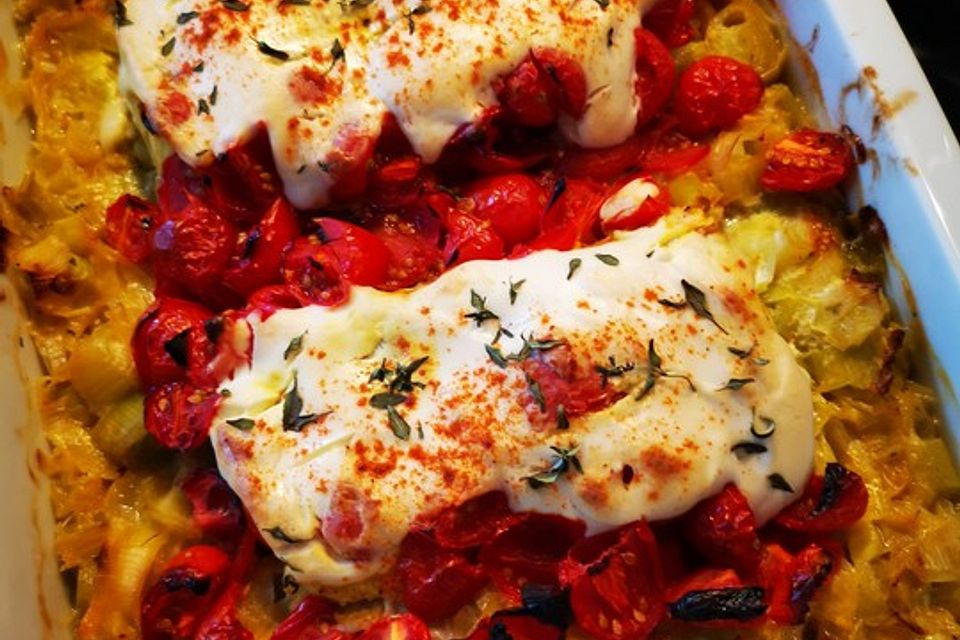 Fischfilet-Gratin mit Porree und Tomaten