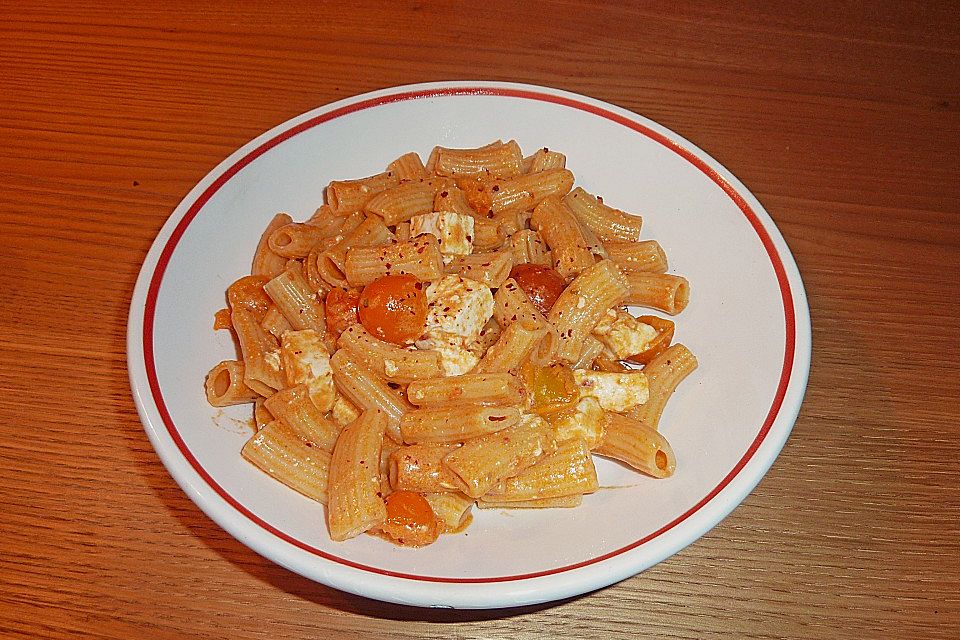 Spaghetti mit rotem Pesto und Schafskäse