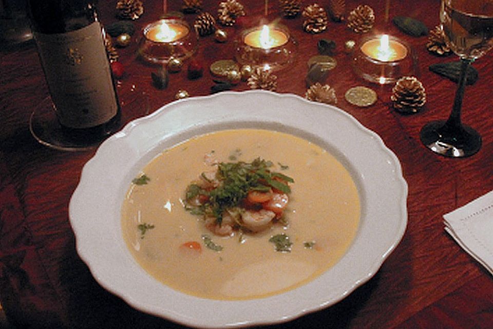 Suppe von Riesengarnelen mit Mascarpone