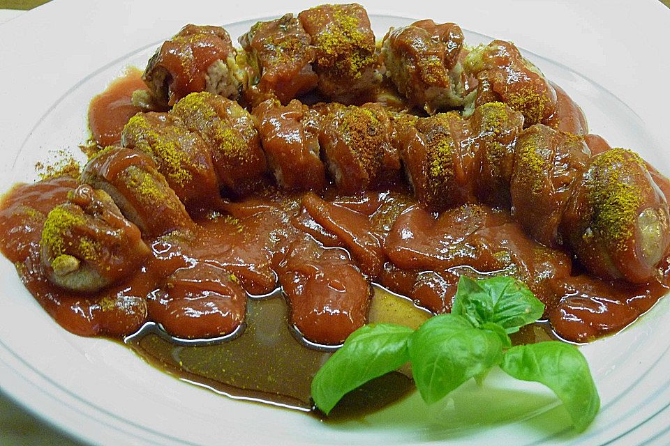 Currywurst mit scharfen Zwiebeln