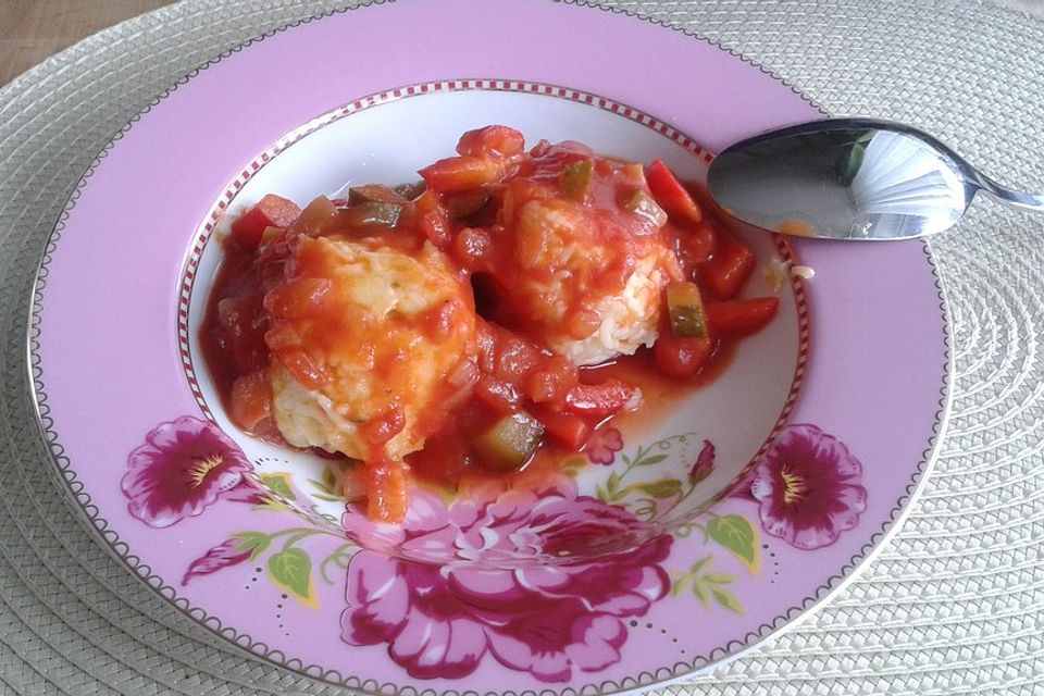 Reisbällchen auf Tomatengemüse