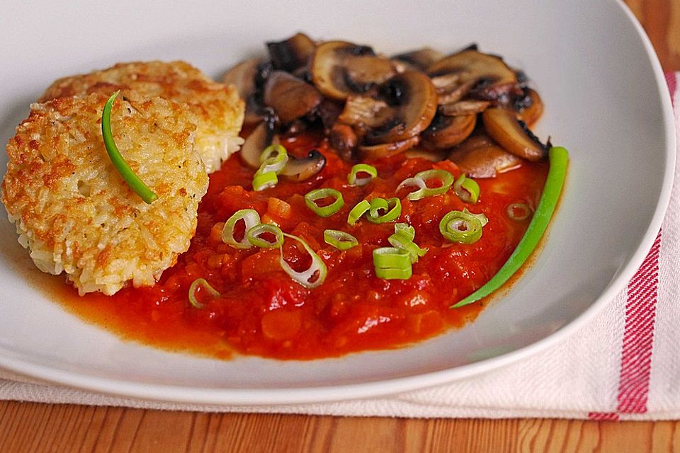 Reisbällchen auf Tomatengemüse