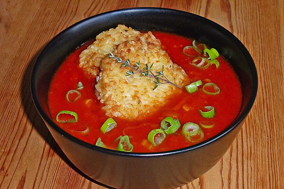 Reisbällchen auf Tomatengemüse