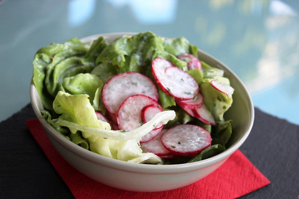 Blattsalate mit Radieschen und Apfeldressing