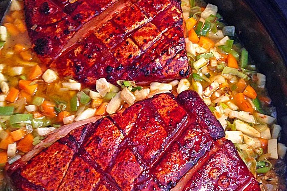 Krustenbraten vom Schwein mit Kartoffelpüree und Karamellsauerkraut