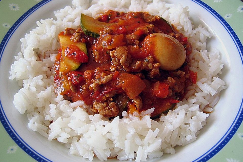 Gemüsetopf mit Paprika, Hackfleisch, Zucchini und Pilzen