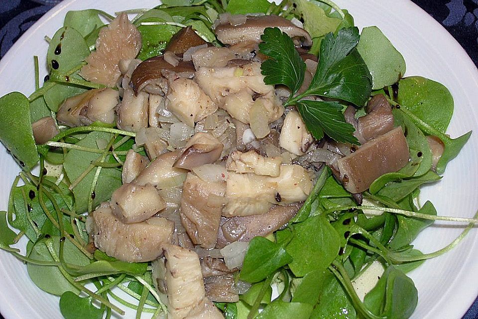 Austernpilze auf Feldsalat mit Parmaschinken und Parmesanspänen