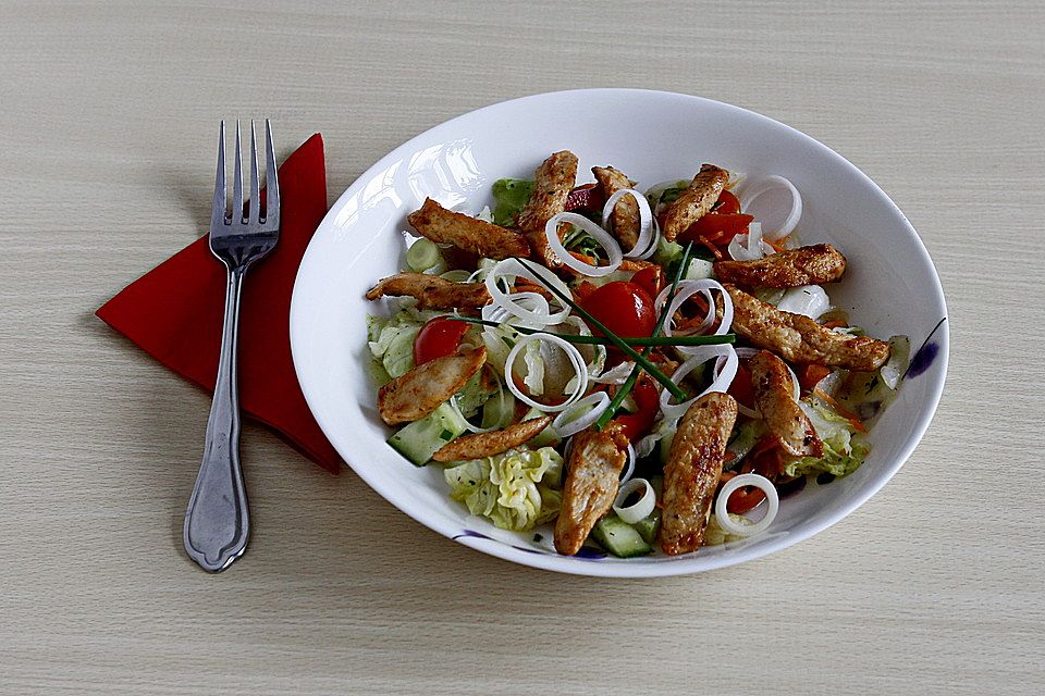 Bunter Salat mit scharfen Putenstreifen