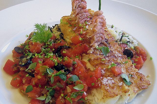 Blauleng und Krabben auf Tomaten, Oliven und Reis von schrat| Chefkoch