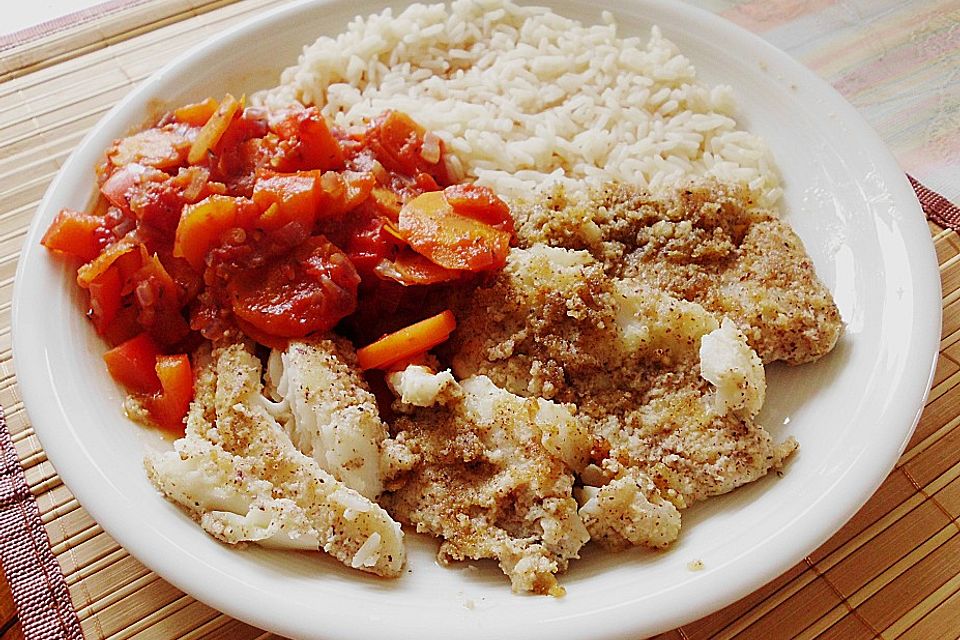 Rotbarschfilet mit Haselnusspanade, Tomatensauce und Minipaprika