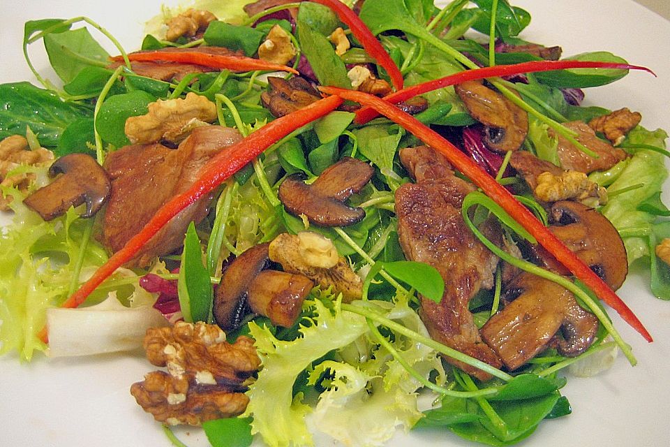 Bunter Salat mit Schweinefilet, Champignons und Walnüssen