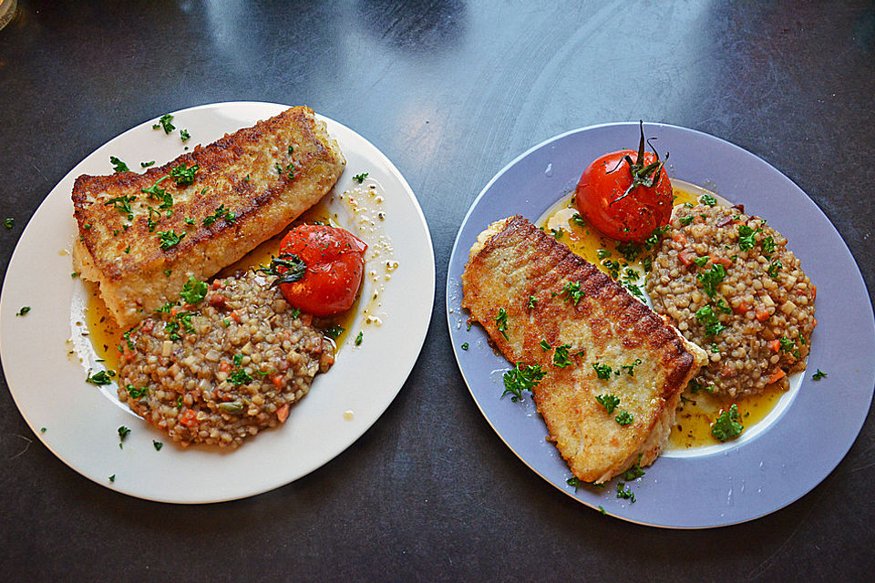 Seelachs - Loin mit Jacobsmuscheln, Schmortomaten und Buchweizenrisotto