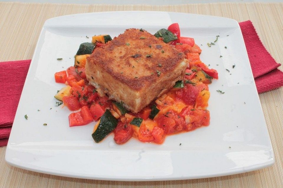 Panierter Fetakäse mit Zucchini - Paprika - Gemüse