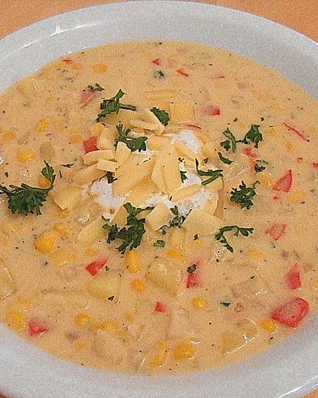 Gemüse - Mais - Suppe mit Käse