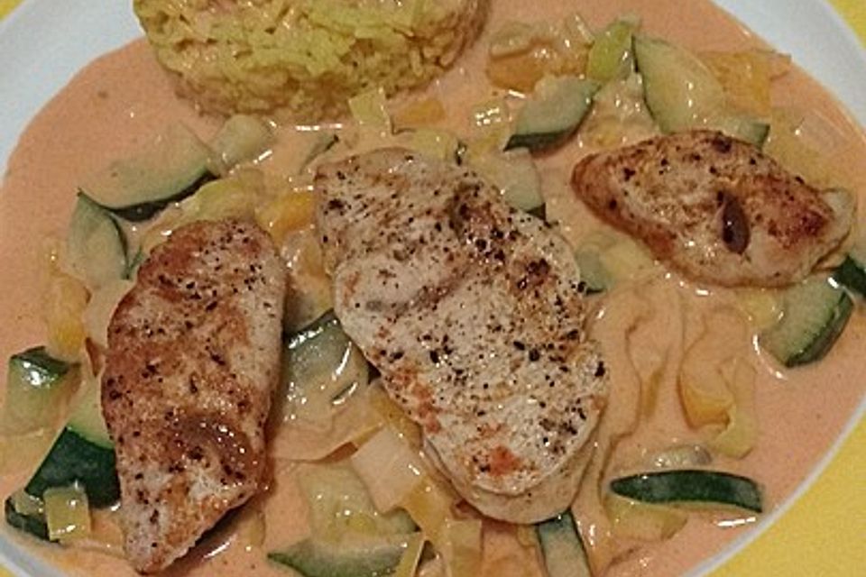 Putenmedaillons in cremiger Gemüsesauce mit Gelbreis