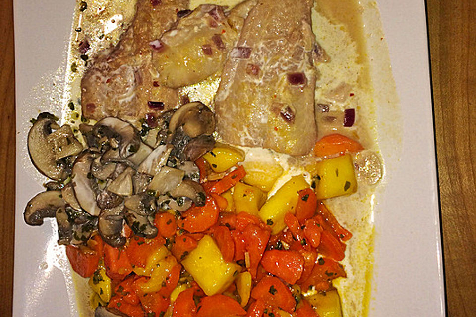 Fisch in Kokosmilch mit Mango und Champignons