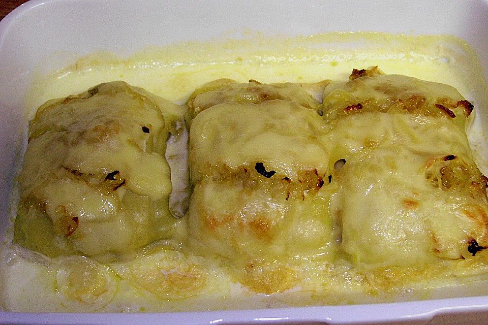 Maultaschen in Sahne mit Käse überbacken