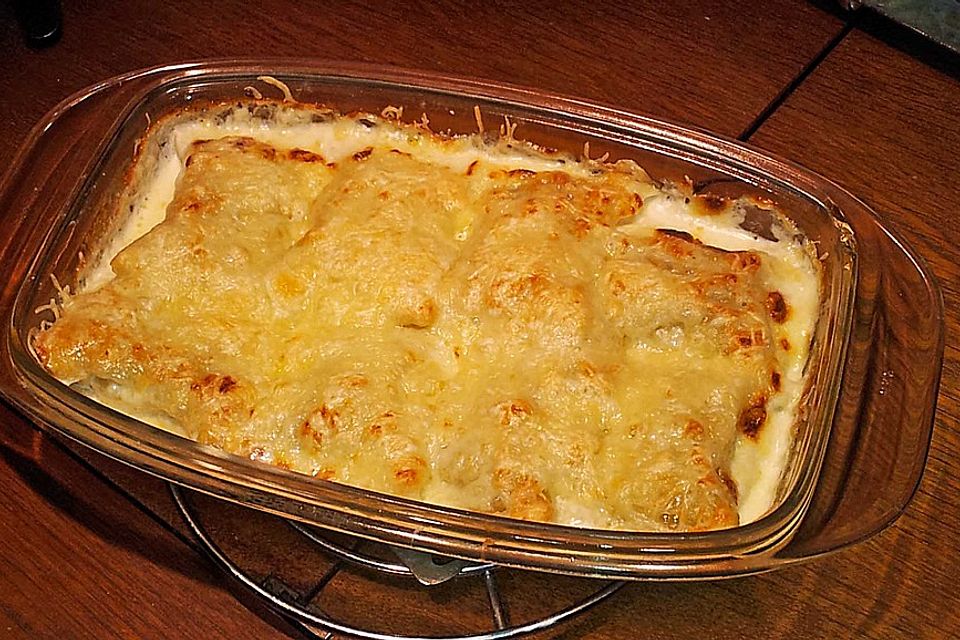 Maultaschen in Sahne mit Käse überbacken