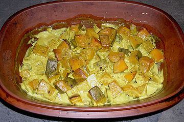 Kürbis mit Kokosmilch und Curry  im Römertopf