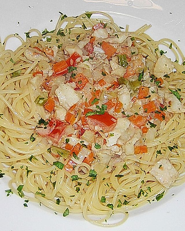 Spaghetti mit Frischkäse - Seelachs - Ragout à la Marlene
