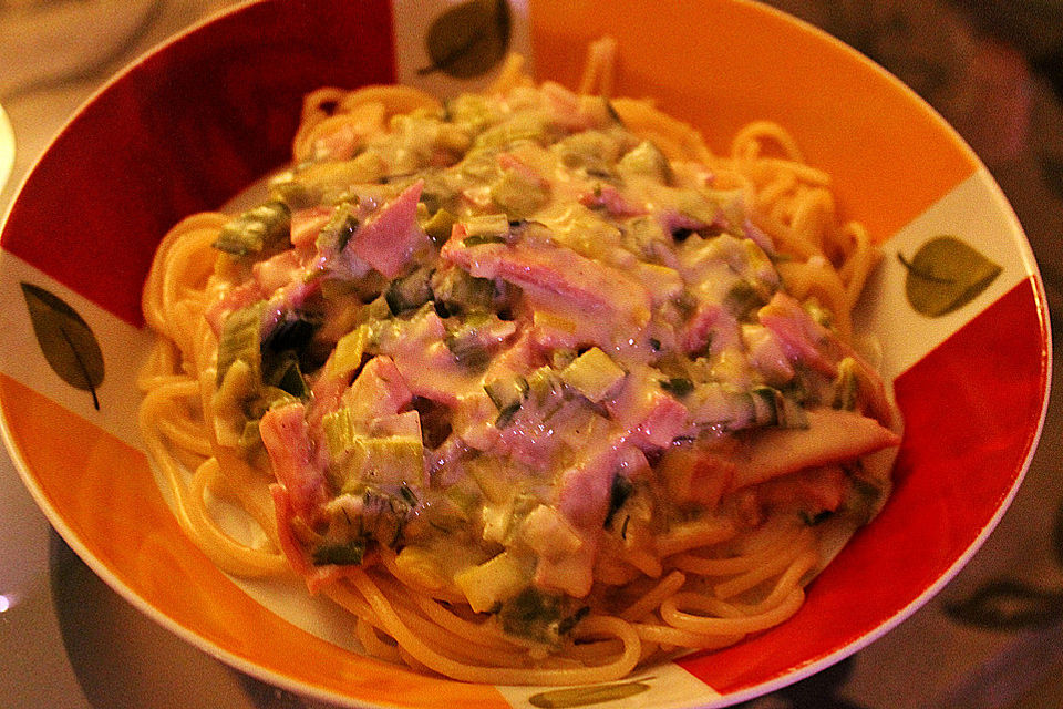 Spaghetti mit Schinken-Lauch-Käse-Sahnesauce